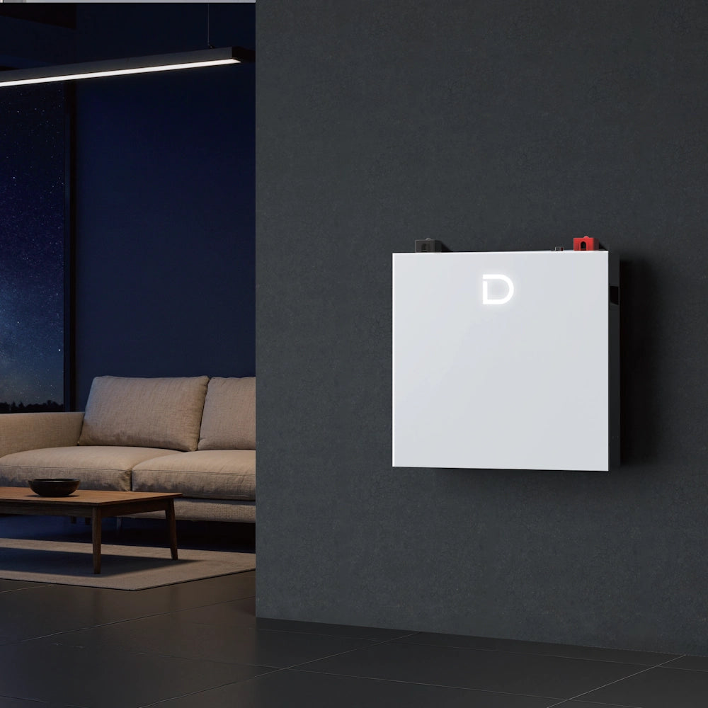 Modern indoor solar battery module from Dyness on a dark wall with a living room in the background