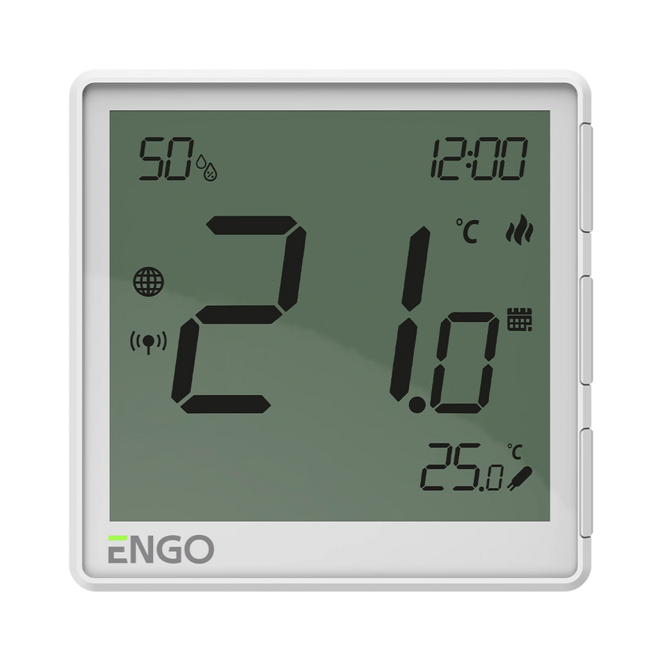 Digital ENGO brand thermostat with temperature and humidity display on a white background