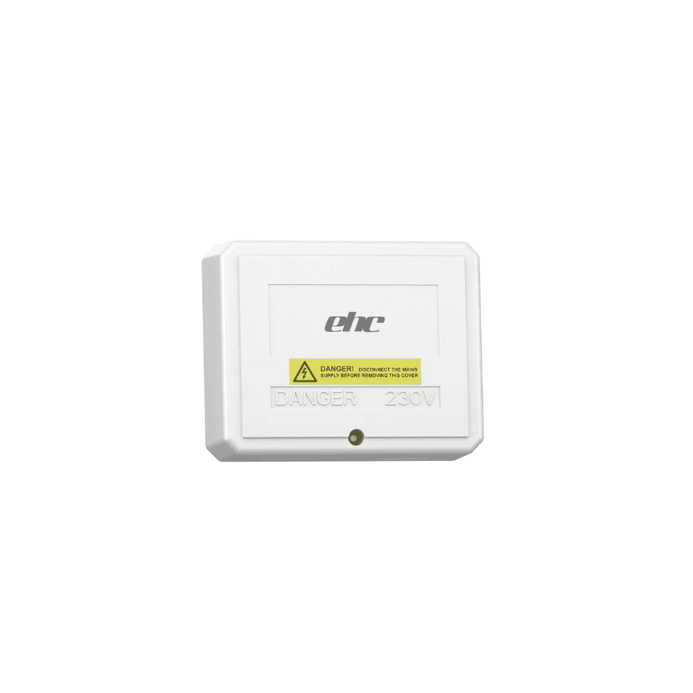 EHC Wiring Centre for multi-zone electric heating control with warning label for 230V danger.