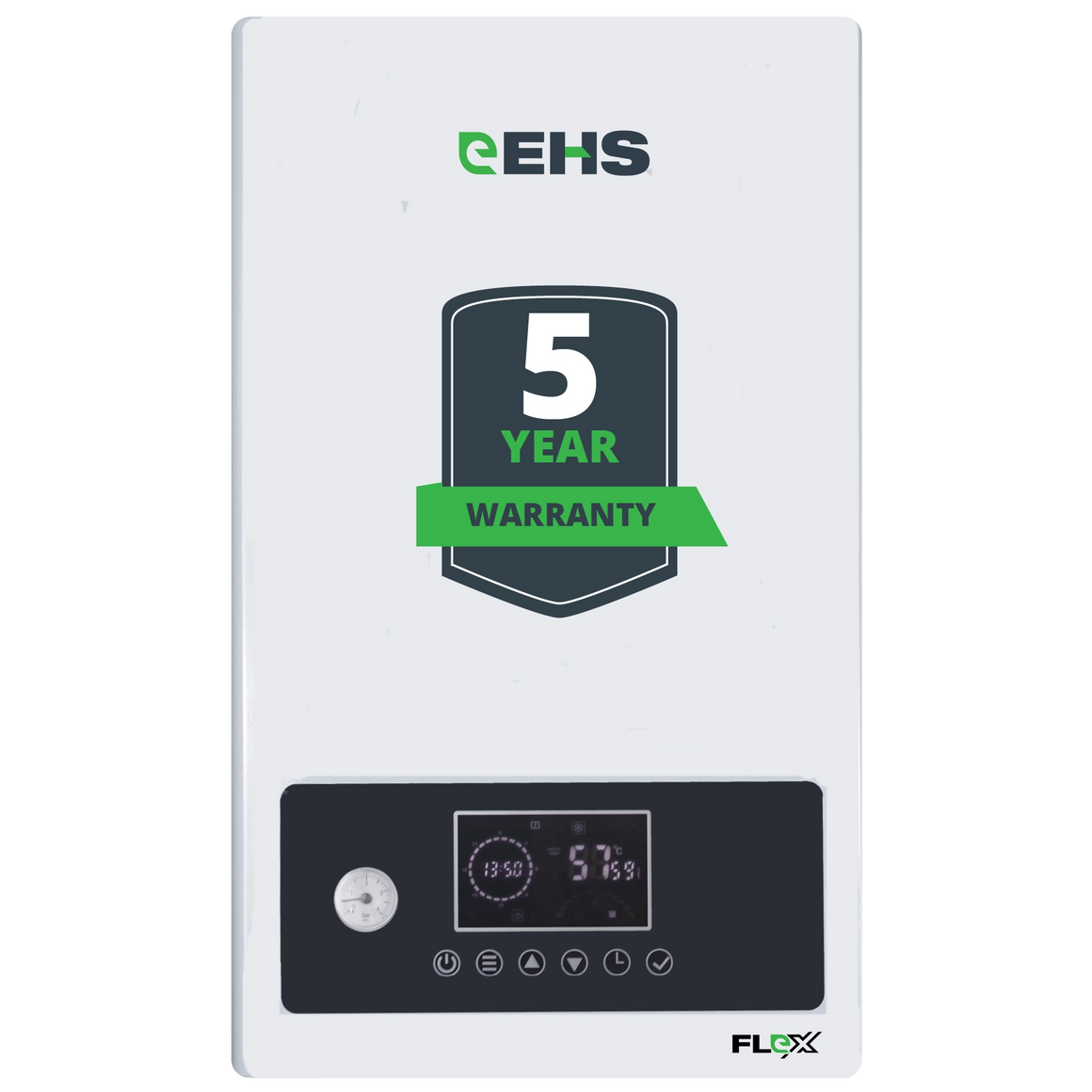 EHS electric system boiler with 5-year warranty badge on a white background