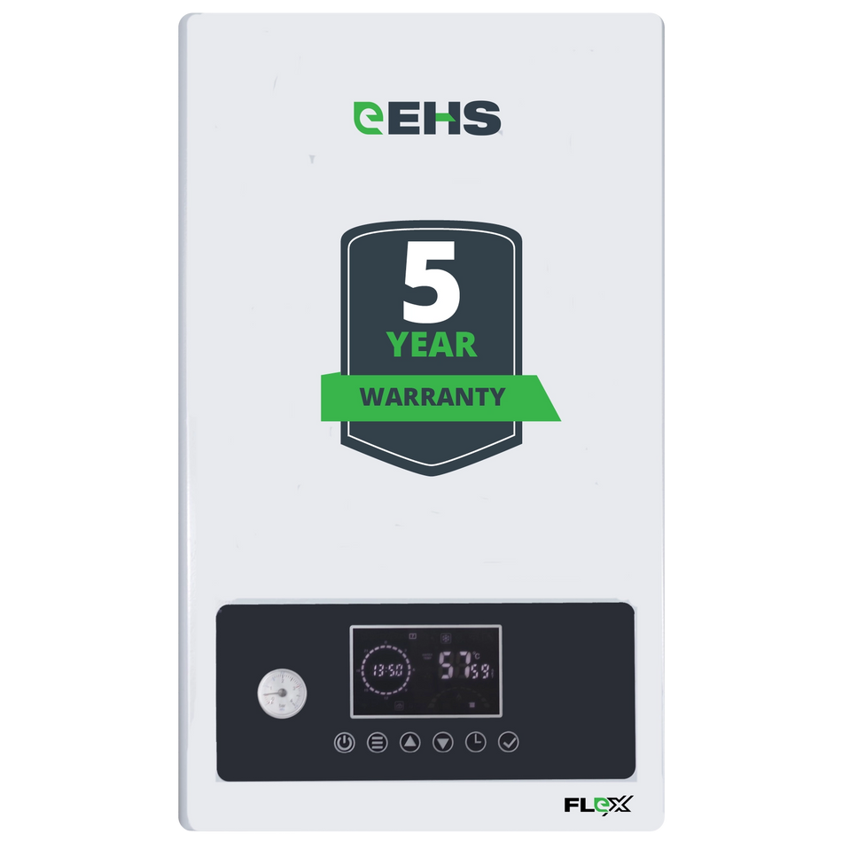 EHS electric system boiler with 5-year warranty badge on a white background