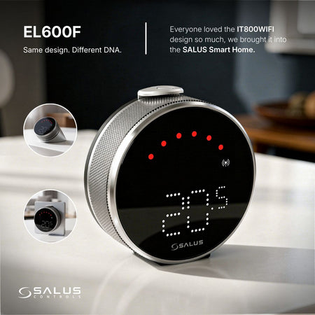 SALUS smart home device with digital display on a blurred background