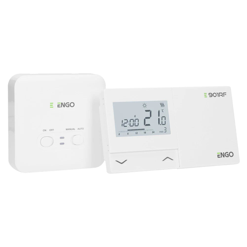 ENGO E901-RF-UK Wireless Thermostat next to its receiver, displaying temperature settings and control options.