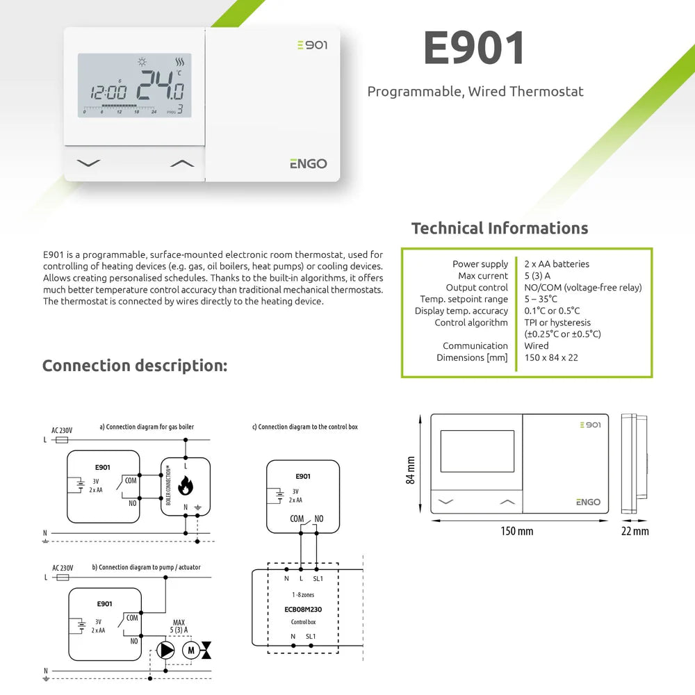 ENGO E901-UK Programmable Wired Thermostat – 7-Day, Boiler Plus Compliant | Gas, Oil & Heat Pump