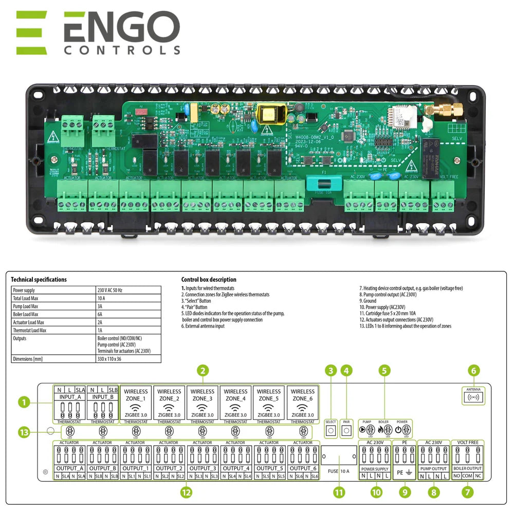 ENGO ECB62-ZB ZigBee Smart UFH Control Box – 6 Wireless + 2 Wired Zones, 230V, DIN Rail | App Control