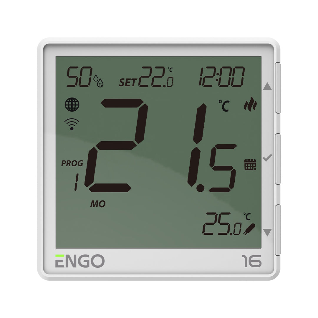 A white ENGO digital wall thermostat showing the temperature 21.5°C with various icons and settings on its screen, set against a plain white background.