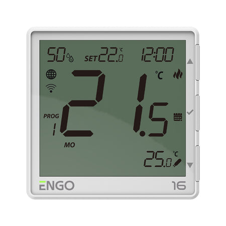 A white ENGO digital wall thermostat showing the temperature 21.5°C with various icons and settings on its screen, set against a plain white background.