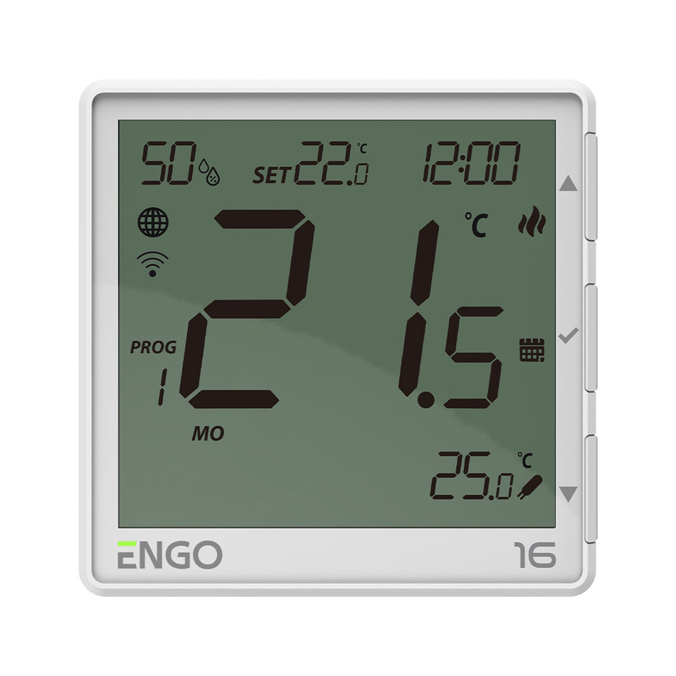 A white ENGO digital wall thermostat showing the temperature 21.5°C with various icons and settings on its screen, set against a plain white background.