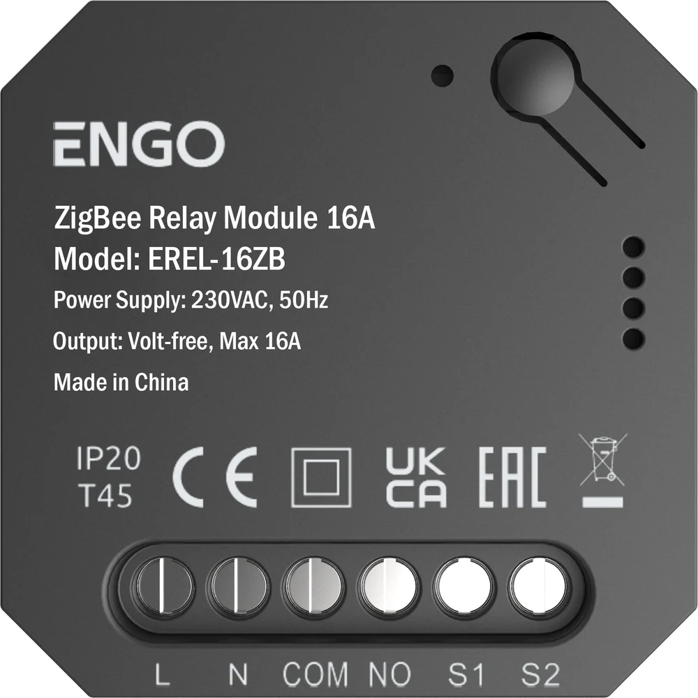 ENGO ZigBee Relay Module 16A with specifications on a black background