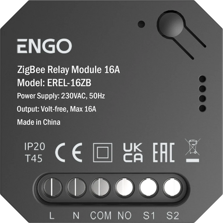 ENGO ZigBee Relay Module 16A with specifications on a black background