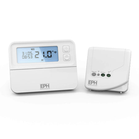 White electronic thermostat with digital display on a white background