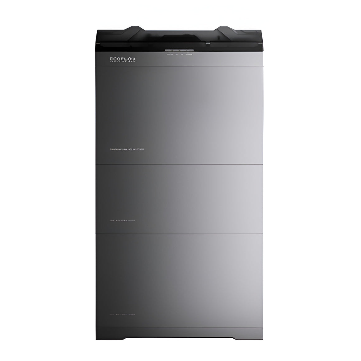 A large rectangular battery unit with a brushed metallic gray finish and a black top panel, shown against a plain white background. The brand name 'ecoflow' is visible near the top left.
