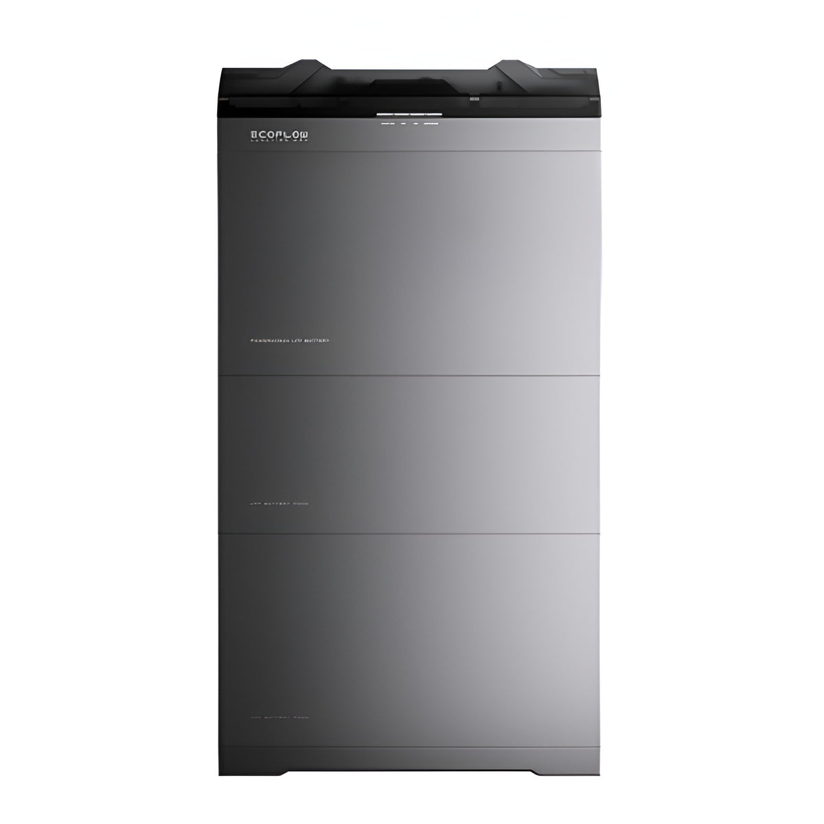 A large rectangular battery unit with a brushed metallic gray finish and a black top panel, shown against a plain white background. The brand name 'ecoflow' is visible near the top left.
