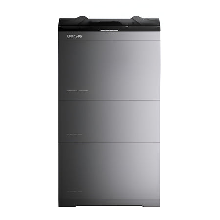 A large rectangular battery unit with a brushed metallic gray finish and a black top panel, shown against a plain white background. The brand name 'ecoflow' is visible near the top left.