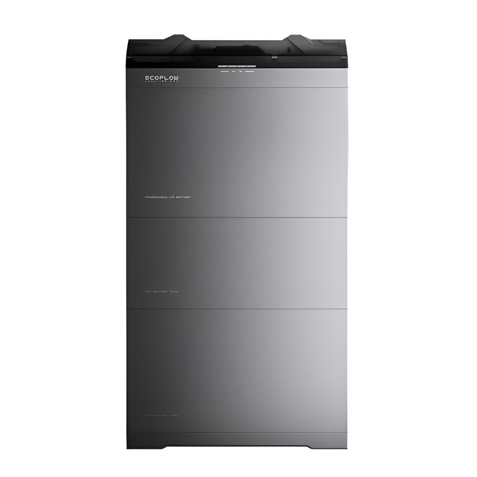 A large rectangular battery unit with a brushed metallic gray finish and a black top panel, shown against a plain white background. The brand name 'ecoflow' is visible near the top left.