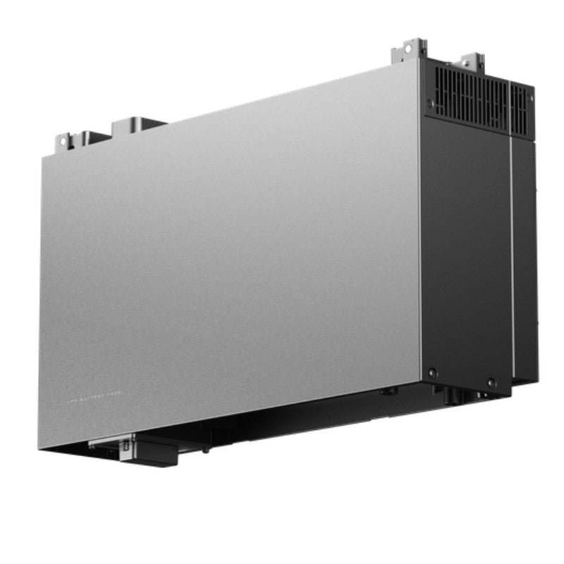 A sleek, modern ecoflow ocean 2 battery module with a brushed silver aluminum front panel and a black side panel with ventilation grilles, shown against a plain white background.
