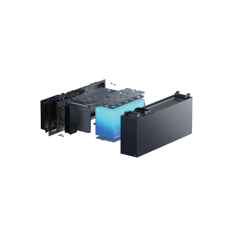 An exploded view diagram of a ecoflow battery pack with a glowing blue cell, shown on a solid white background.