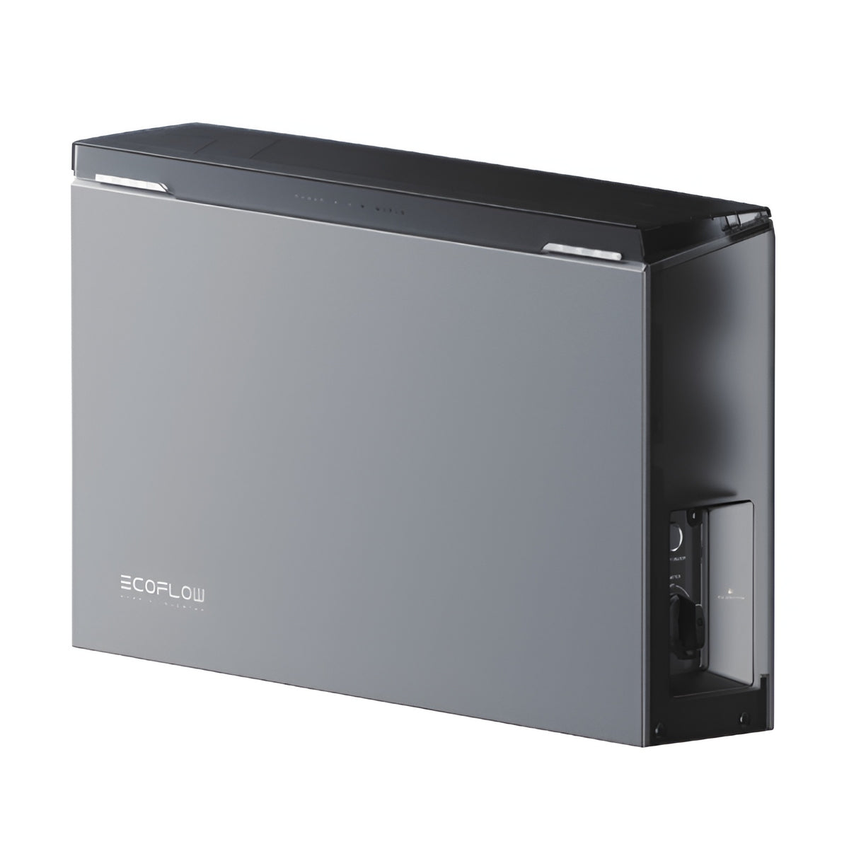 An ECOFLOW Ocean 2 three-Phase Hybrid Inverter at a three-quarter angle, featuring a matte gray front panel, a glossy black top lid, and a side panel with controls, set against a plain white background.