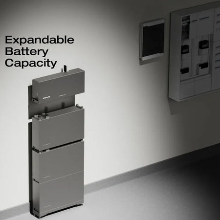 Expandable battery capacity system mounted on a wall with text indicating expandable battery capacity.