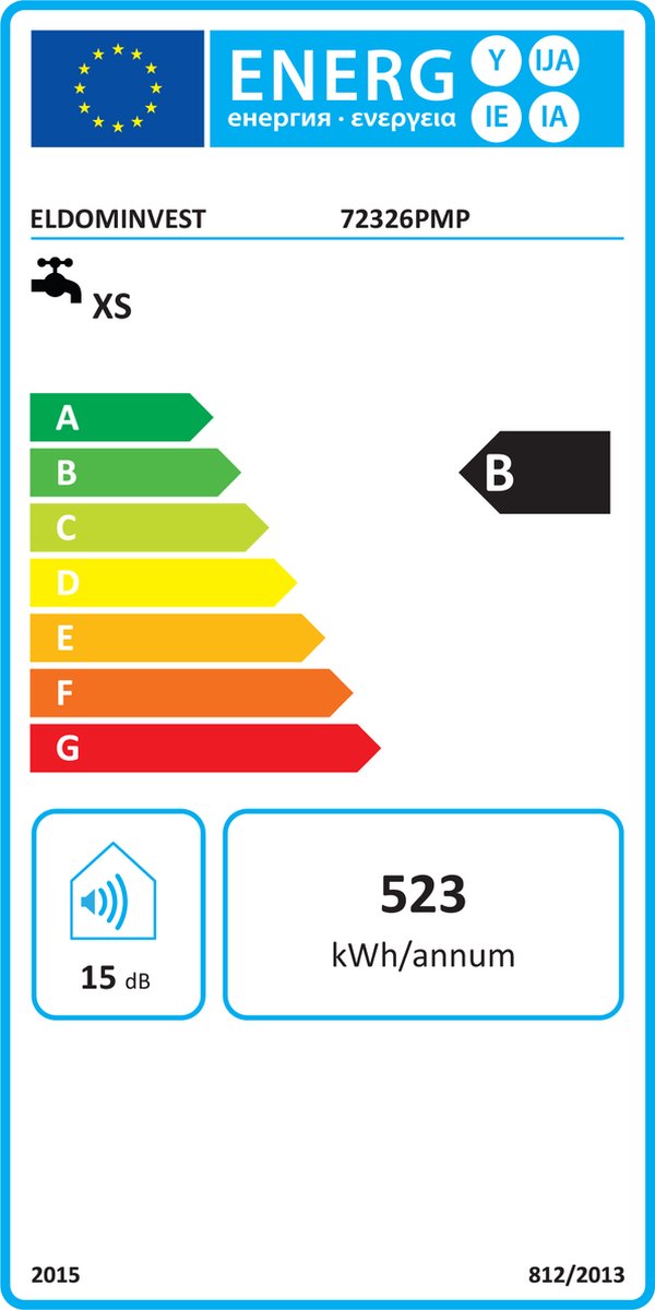 Eldom 15 Litre Under Sink Unvented Storage Water Heater energy label displaying efficiency and consumption ratings.