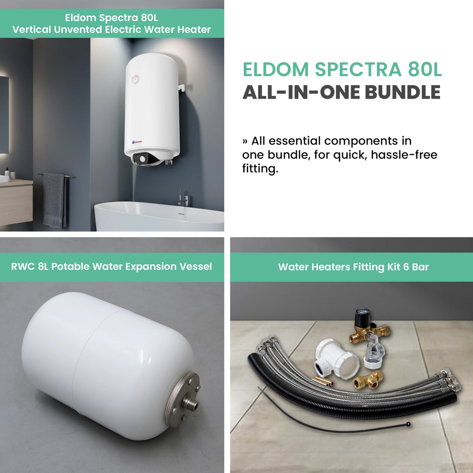 Eldom Spectra 80 Litre Vertical Unvented Electric Water Heater 2 kW Bundle