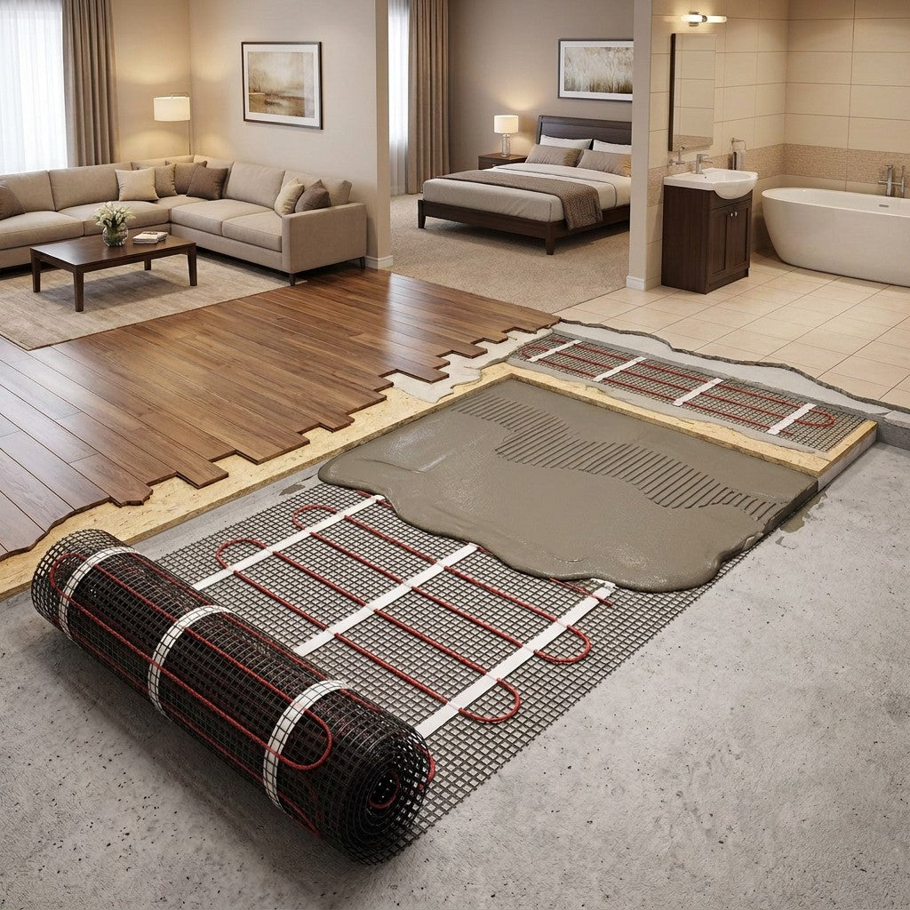 Electric underfloor heating system installation in a modern living room and bathroom setting, showing a rolled black heating mat with red tubes and white grid connectors on a concrete floor.
