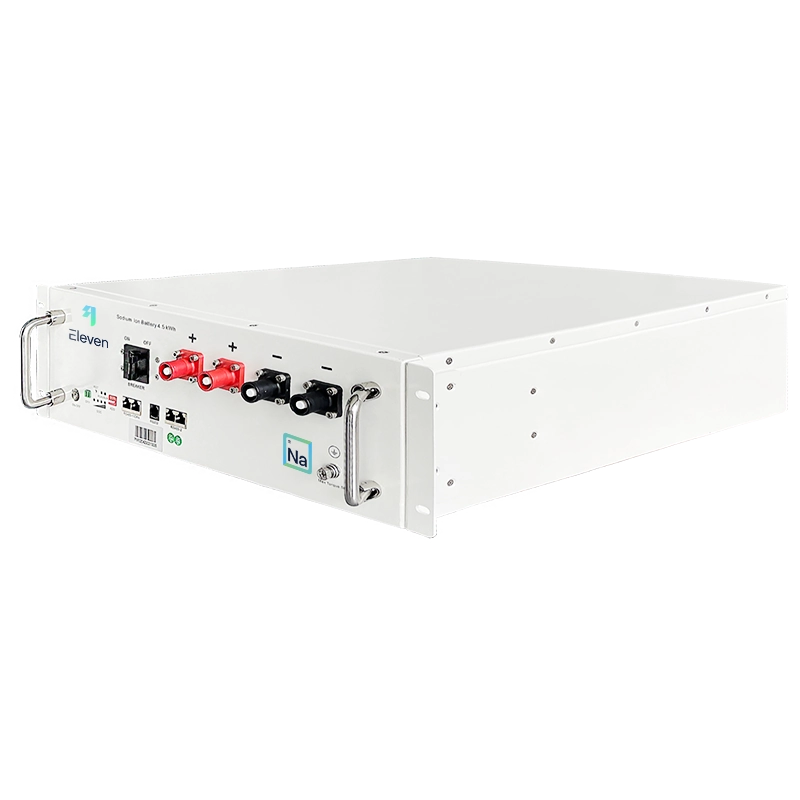 White Eleven Energy Volta Sodium Ion Battery with red and black connectors on a white background