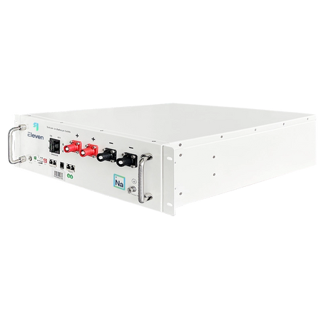 White Eleven Energy Volta Sodium Ion Battery with red and black connectors on a white background