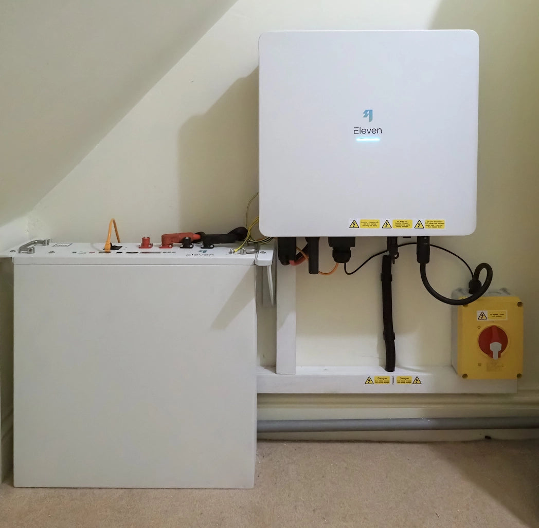 Electrical panel with a device labeled 'Eleven' on a white wall.