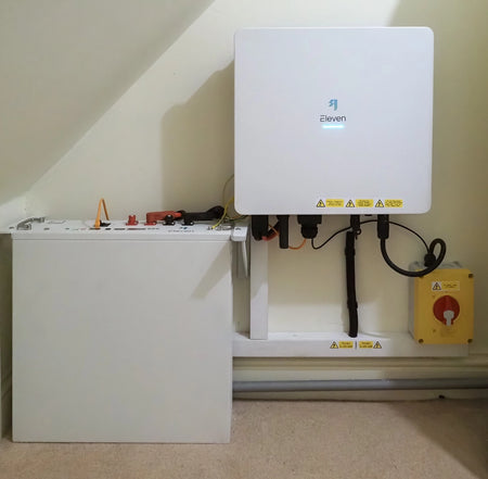 Electrical panel with a device labeled 'Eleven' on a white wall.