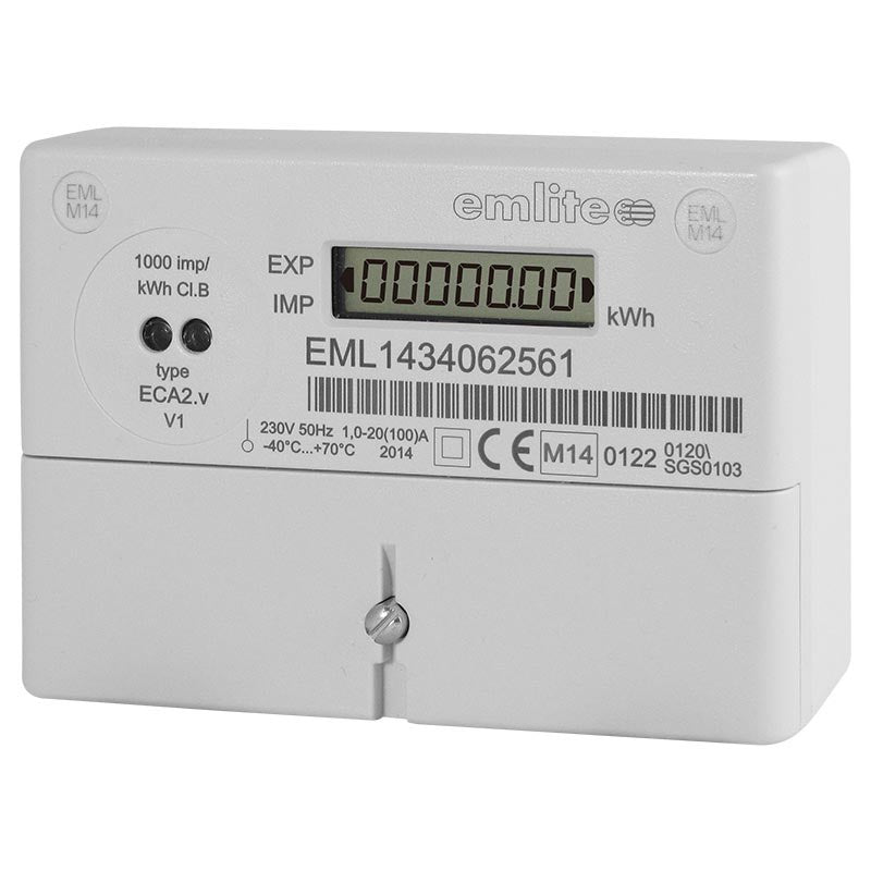 Emlite ECA2 Single Phase Bi-Directional Generation Meter 100A 1000 Pulse kWh MID Import Export NET Solar Battery Hybrid with Cover