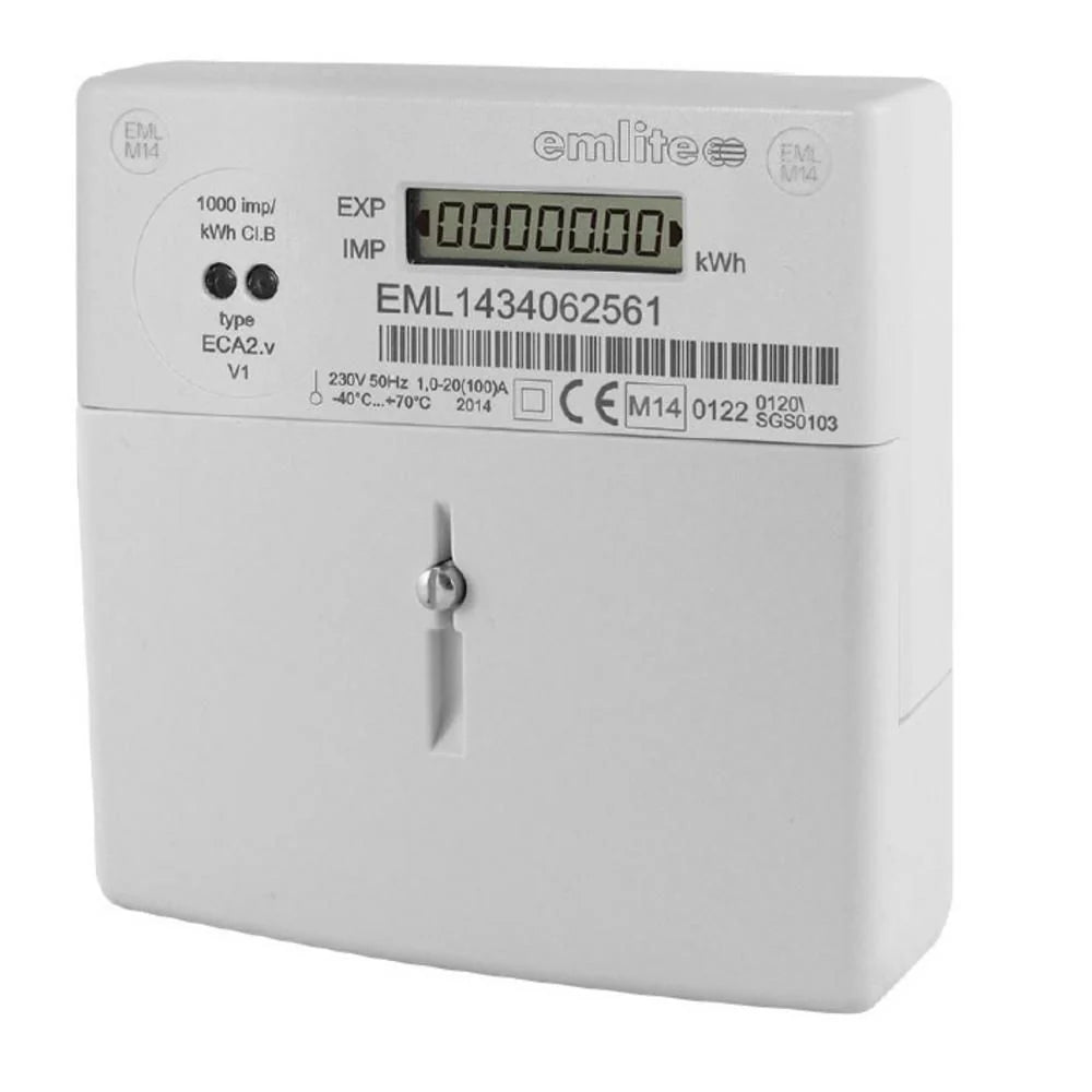 Emlite ECA2 Single Phase Bi-Directional Generation Meter 100A 1000 Pulse kWh MID Import Export NET Solar Battery Hybrid with Cover