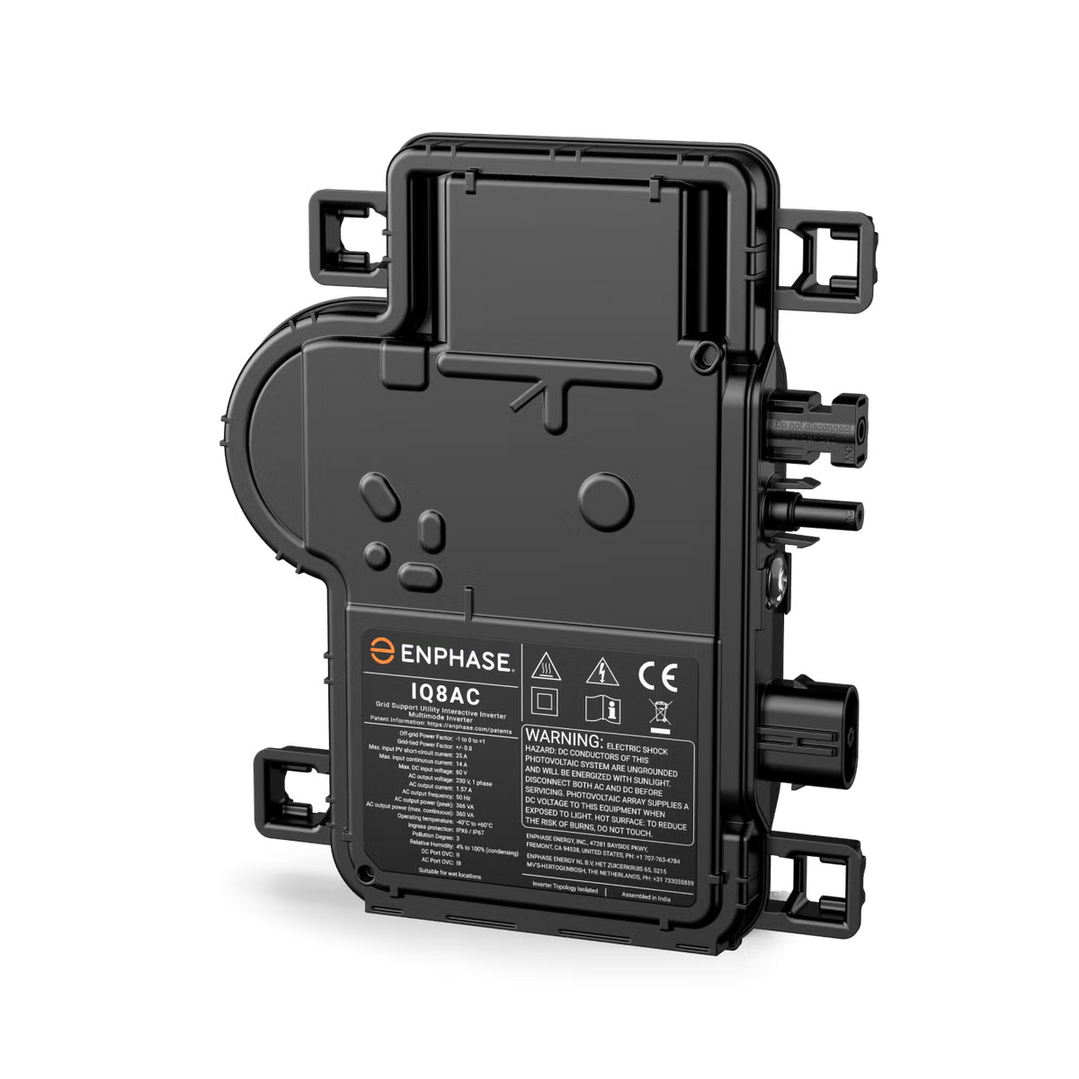 Enphase Microinverter IQ7PLUS-72-M-INT side view, designed for 60 & 72 cell solar modules with MC4 connectors.