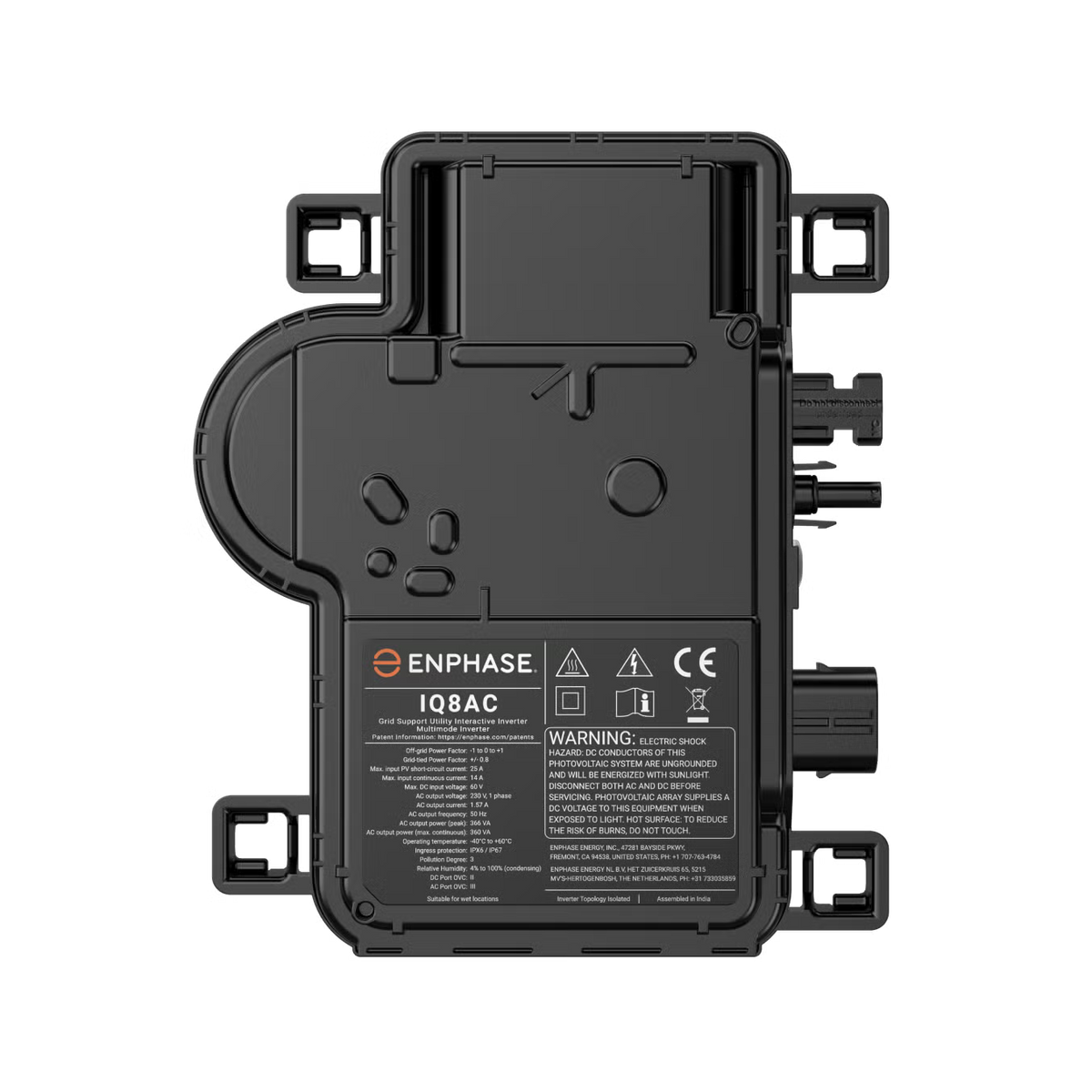 Enphase Microinverter IQ7PLUS-72-M-INT side view, designed for 60 & 72 cell solar modules with MC4 connectors.