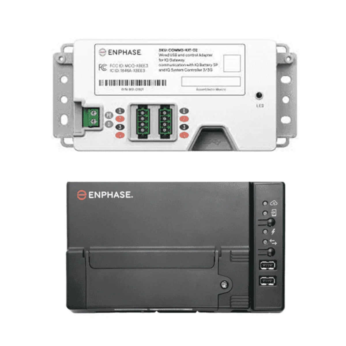 Enphase Communications Kit 2 INT and IQ Gateway with connectors and ports for energy system integration.
