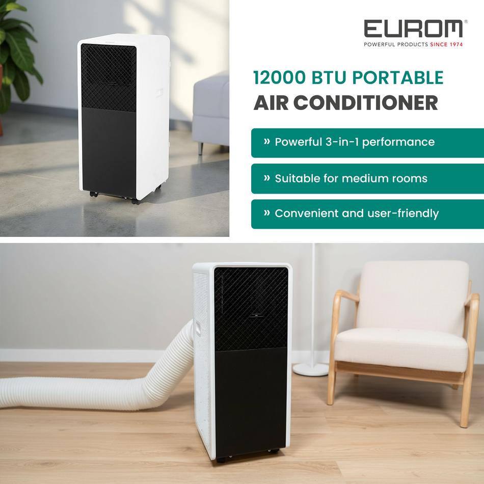 Eurom PAC 12000 BTU Compact Portable Air Conditioner, Dehumidifier & Fan | Wi-Fi, Class A