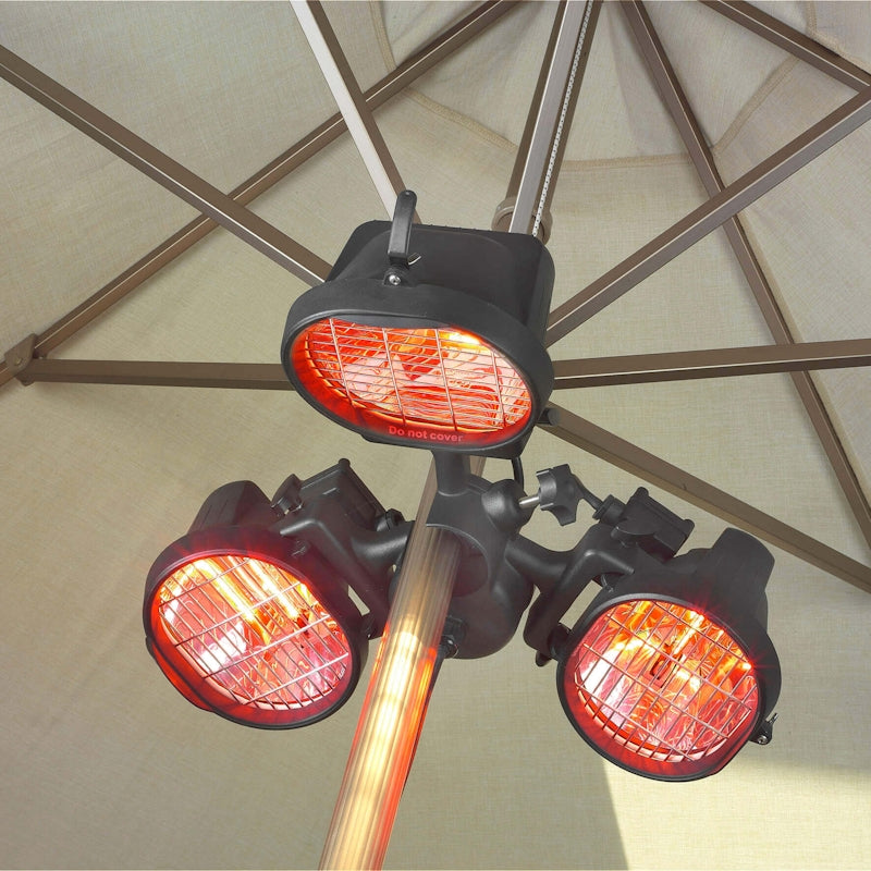 Three outdoor heaters attached to a metal frame, for patio or garden use.