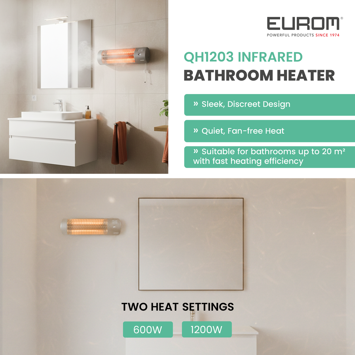 Eurom Infrared Heater Bathroom 1200W Wall-Mounted