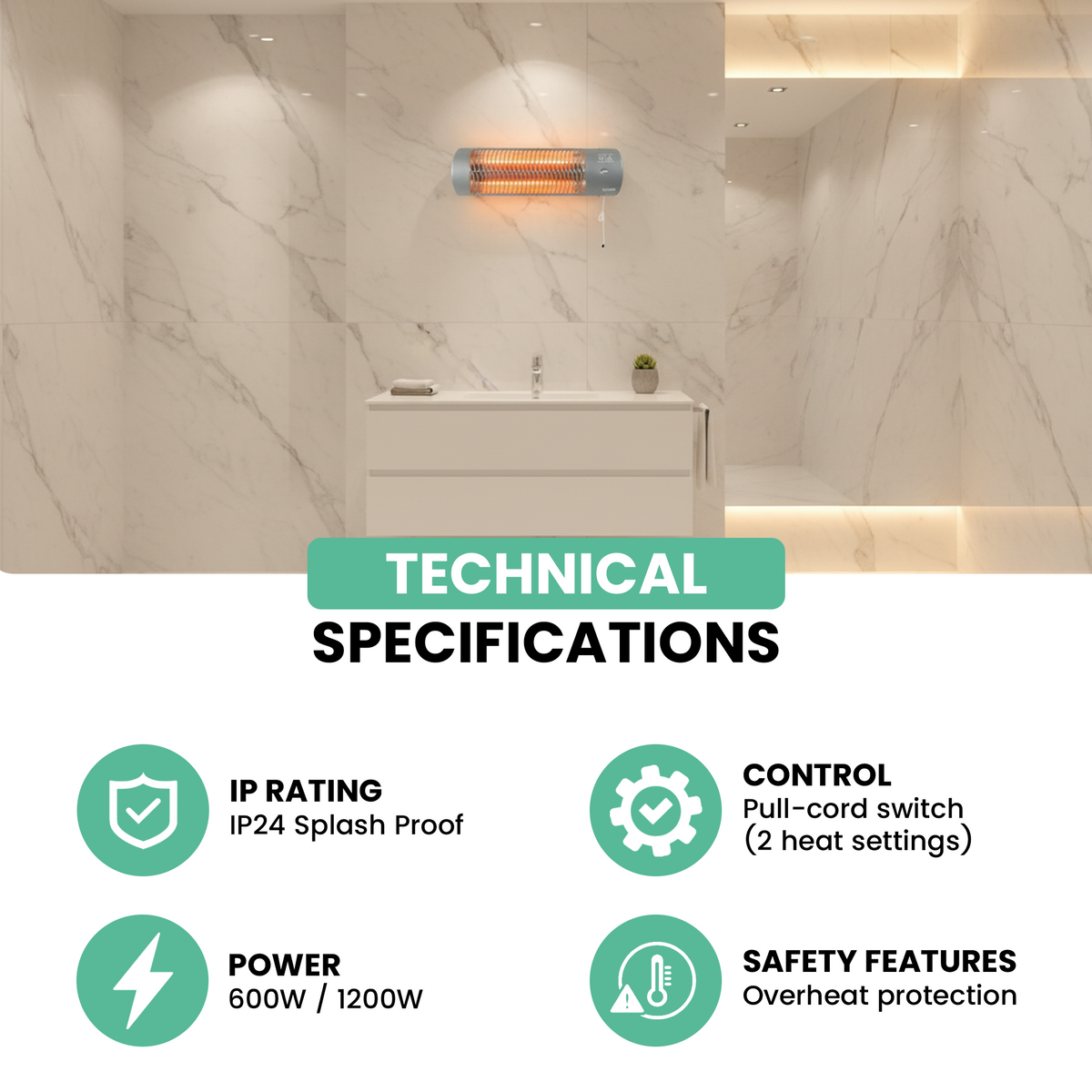Eurom Infrared Heater Bathroom 1200W Wall-Mounted
