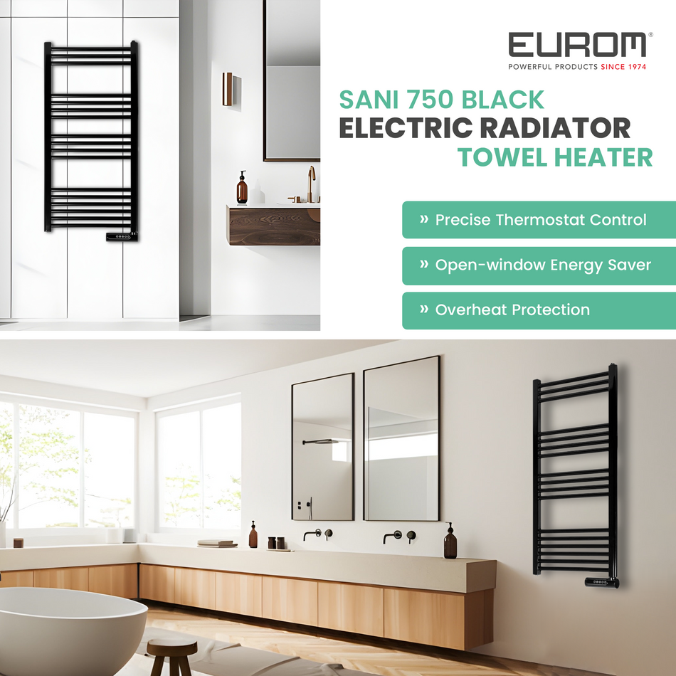 Eurom Sani-Towel 750 Black Electric Bathroom Radiator – Powerful and Stylish Towel Warmer with Timer and Safety Features