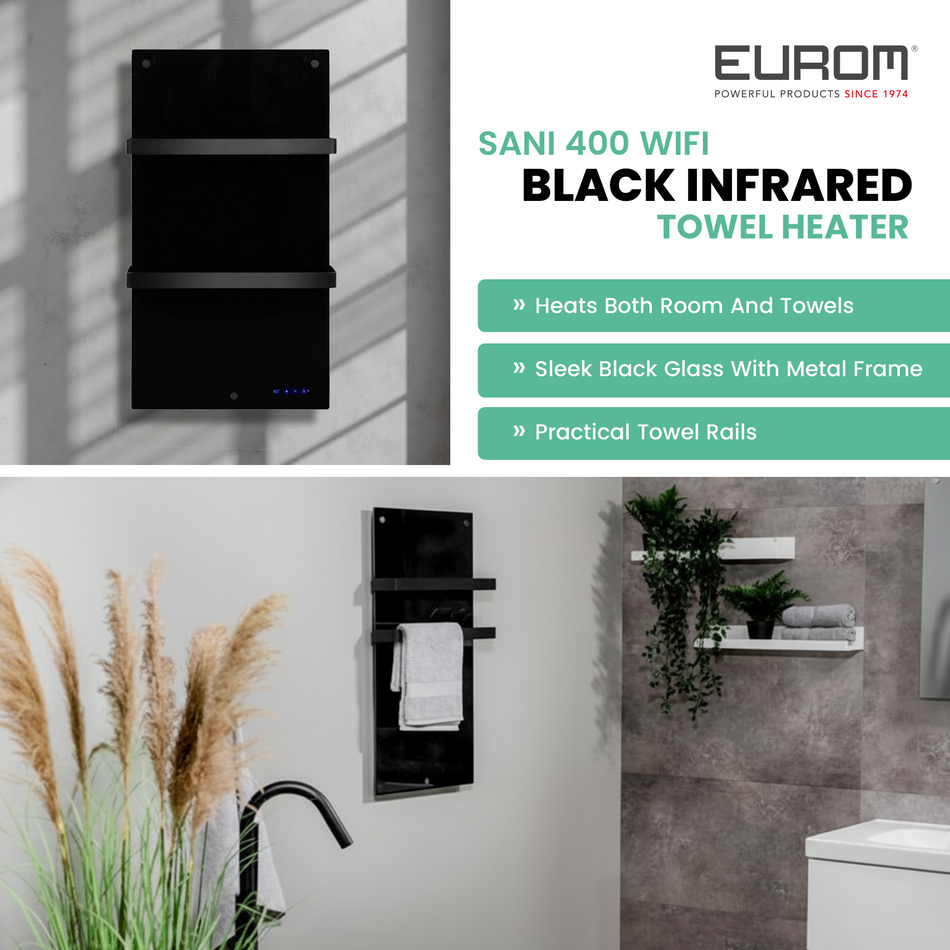 Eurom Sani 400 WiFi Black Infrared Towel Heater – Stylish, Efficient Bathroom Heating with Smart Control