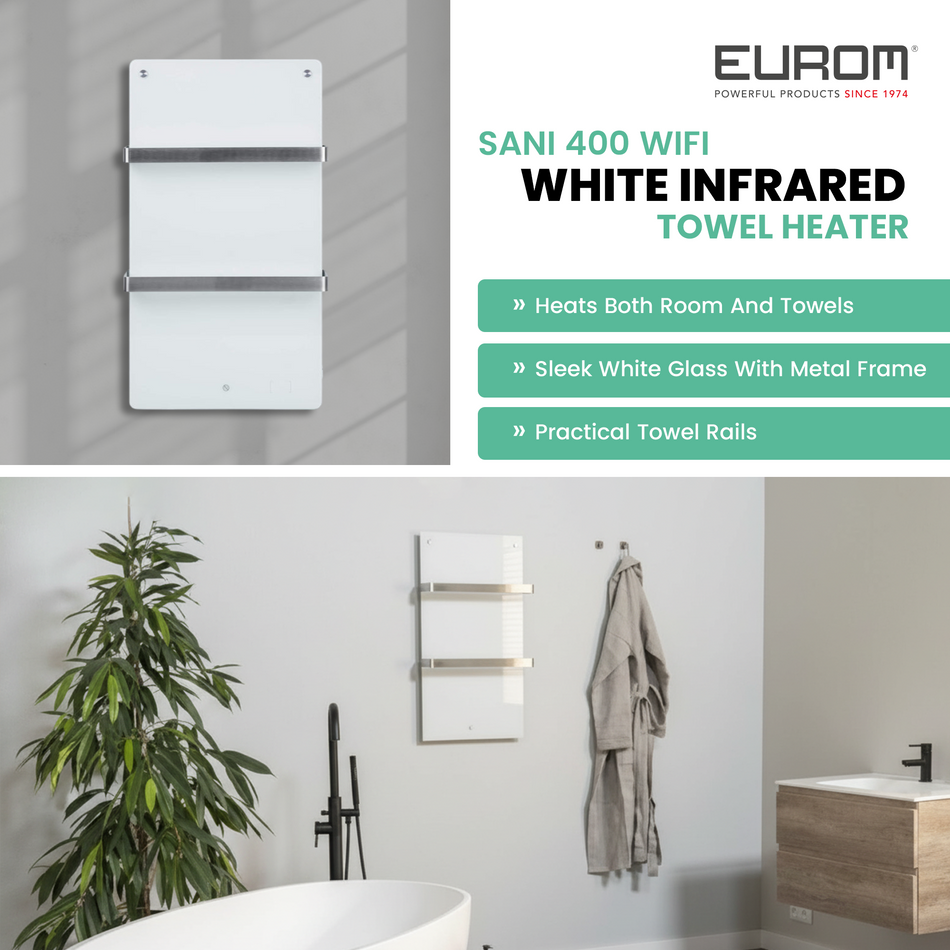 Eurom Sani 400 WiFi Infrared Towel Heater – Efficient, Smart Bathroom Heating with Remote App Control