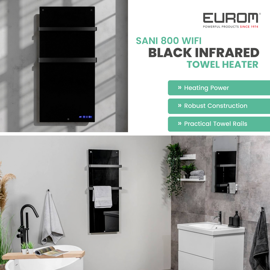 Eurom Sani 800 WiFi Black Infrared Towel Heater – Powerful, Smart Bathroom Heating