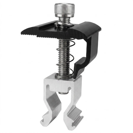 fastensol solar panel clamp with a black plastic top lever, silver spring, and silver aluminum base, shown on a plain white background.