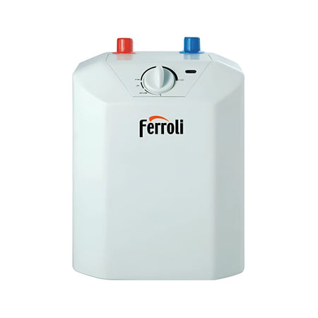 White water heater with red and blue knobs on a white background, featuring the Ferroli brand.