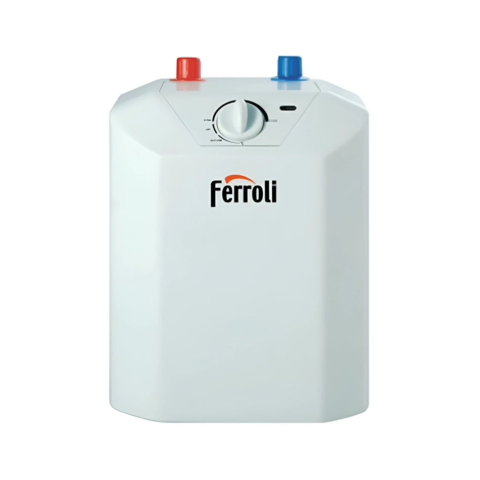 White water heater with red and blue knobs on a white background, featuring the Ferroli brand.