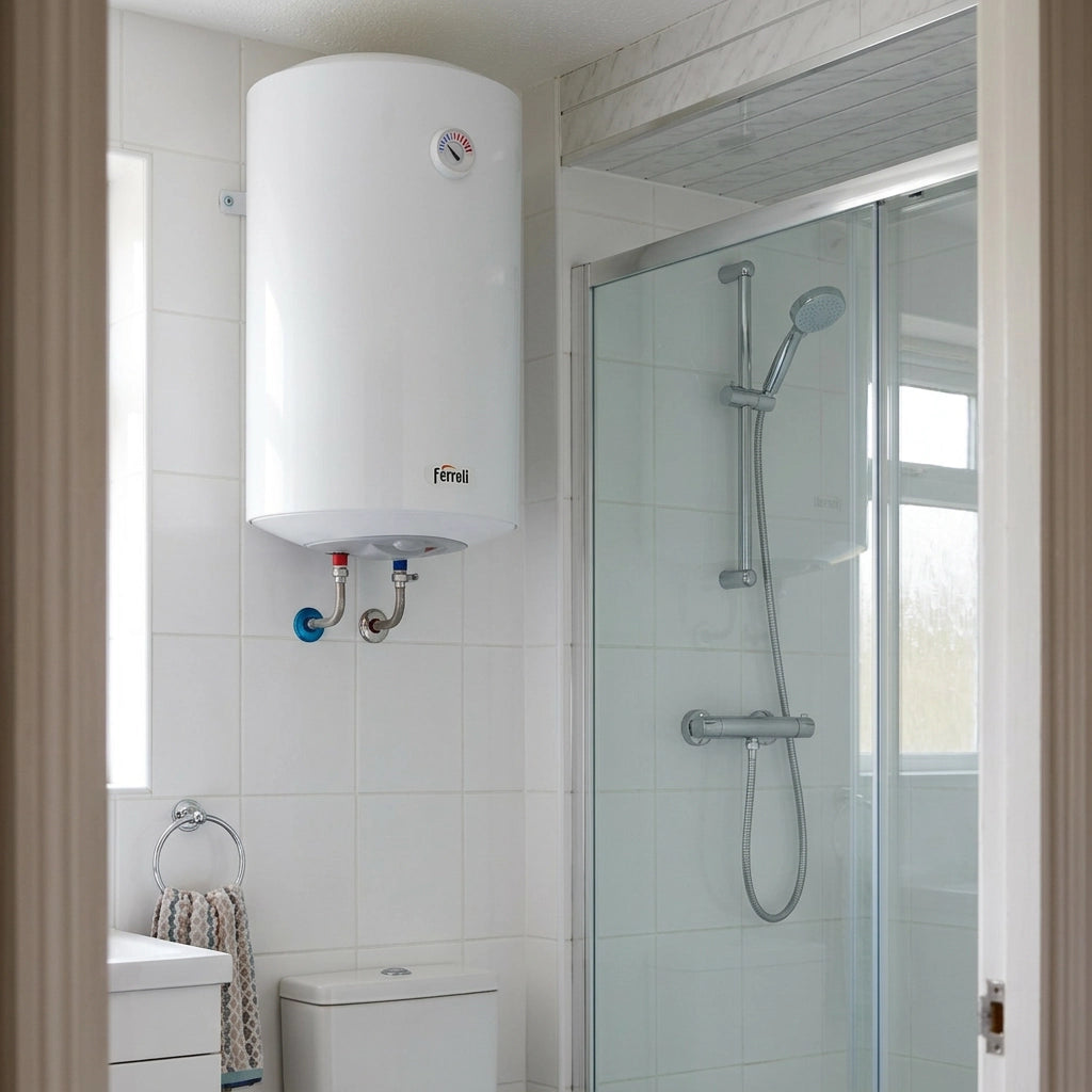 Bathroom with a Ferroli water heater, shower, and toilet.