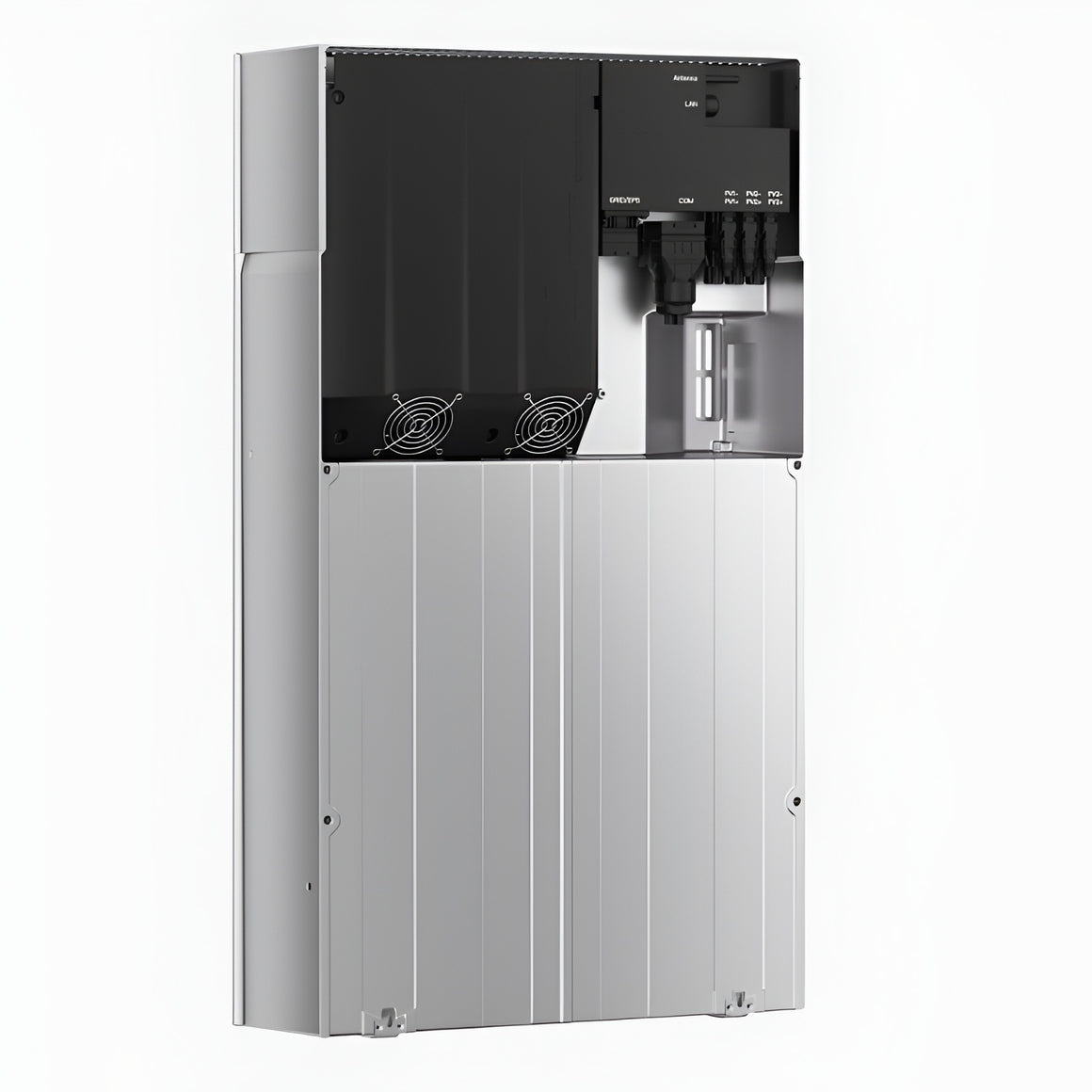 A Fox ESS Inverter and battery conversion unit with a silver metallic lower body and a black upper control panel section, shown against a plain white background.
