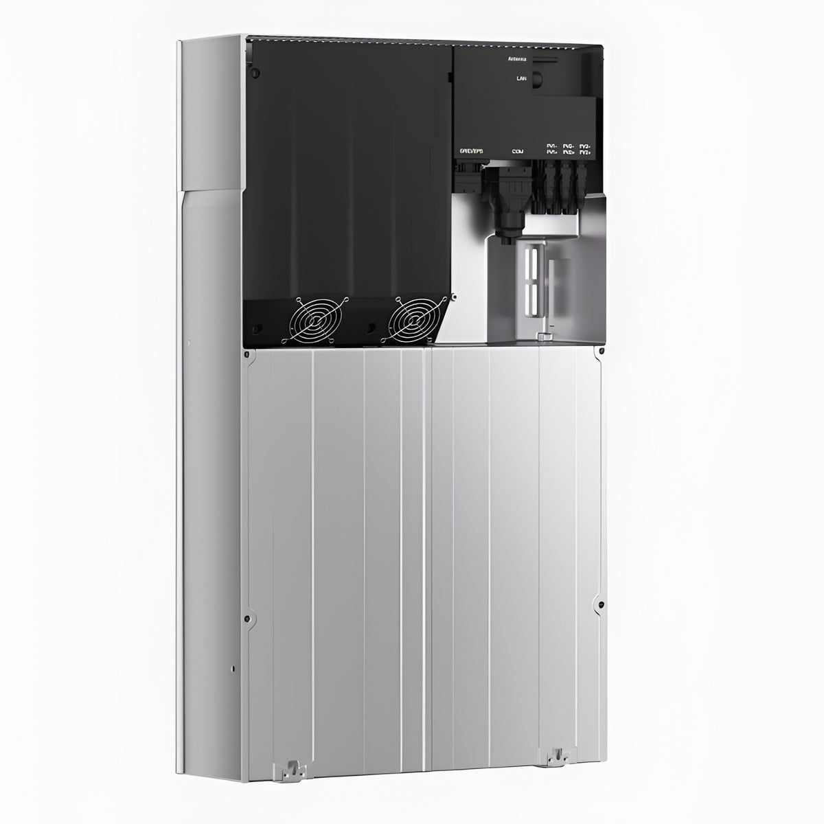 A Fox ESS Inverter and battery conversion unit with a silver metallic lower body and a black upper control panel section, shown against a plain white background.
