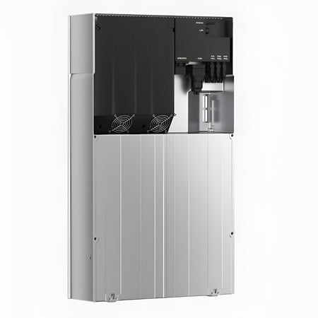A Fox ESS Inverter and battery conversion unit with a silver metallic lower body and a black upper control panel section, shown against a plain white background.